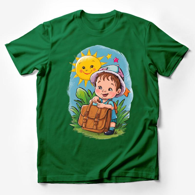 Kids Adventure T-Shirt, Cute Cartoon Explorer with Backpack, Sun and Stars, Boys and Girls Tee, Colorful Graphic Design Top Male T-Shirt