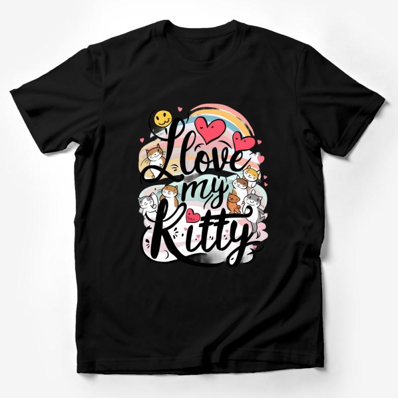 Love My Kitty Graphic Tee, Cute Cat Lover T-Shirt, Whimsical Feline Apparel, Rainbow Heart Design Top for Women Male T-Shirt