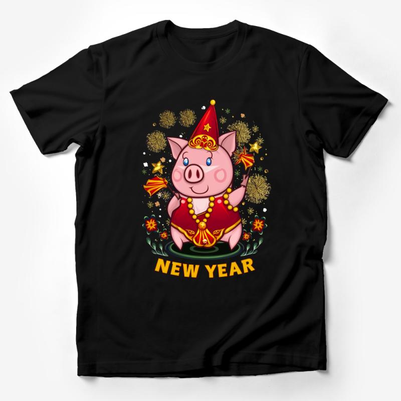 Cute Pig New Year Celebration T-Shirt, Festive Animal Graphic Tee, Unisex Party Outfit, Holiday Casual Fashion Top Male T-Shirt