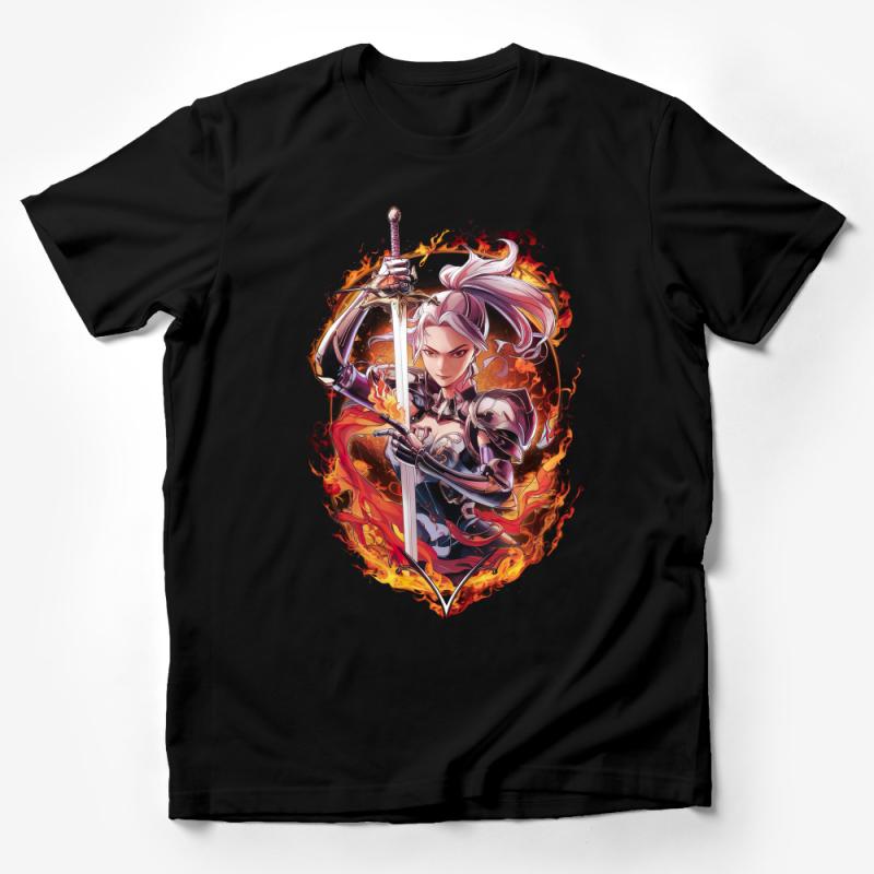 Fantasy Warrior Woman T-Shirt, Fire Emblem Inspired, Graphic Tee, Silver Haired Swordfighter, Gaming Apparel, Gift for Gamers Male T-Shirt
