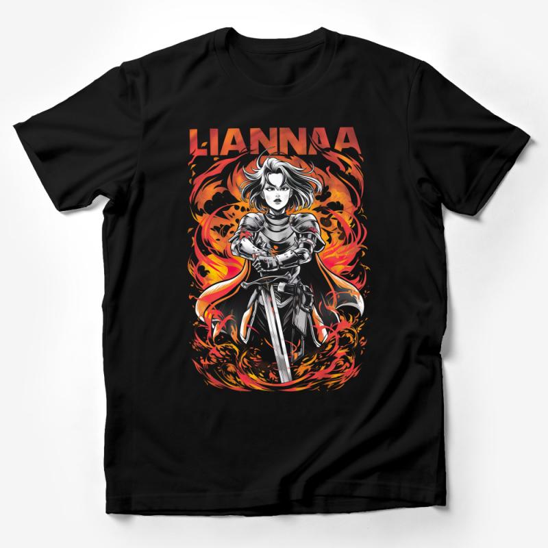 Fantasy Warrior Woman T-Shirt, Fiery Sword Fighter Graphic Tee, Strong Female Character Shirt, Epic Battle Art Clothing Male T-Shirt