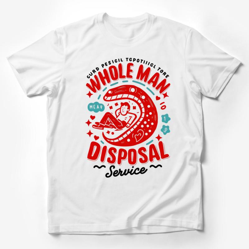 Retro Comic Style Man Inside Alligator T-Shirt, Funny Whole Man Disposal Service Top, Unique Graphic Tee, Quirky Shirt Design Male T-Shirt