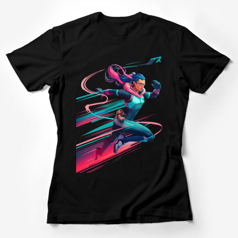 Futuristic Cyber Runner Graphic Tee, Stylish Sci-Fi Character T-Shirt, Vibrant Speedster Illustration Apparel Female T-Shirt